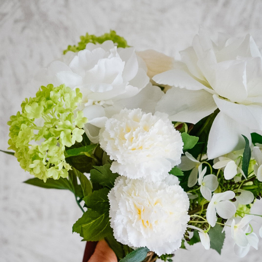 White carnations and hydrangea in the Alba silk bouquet