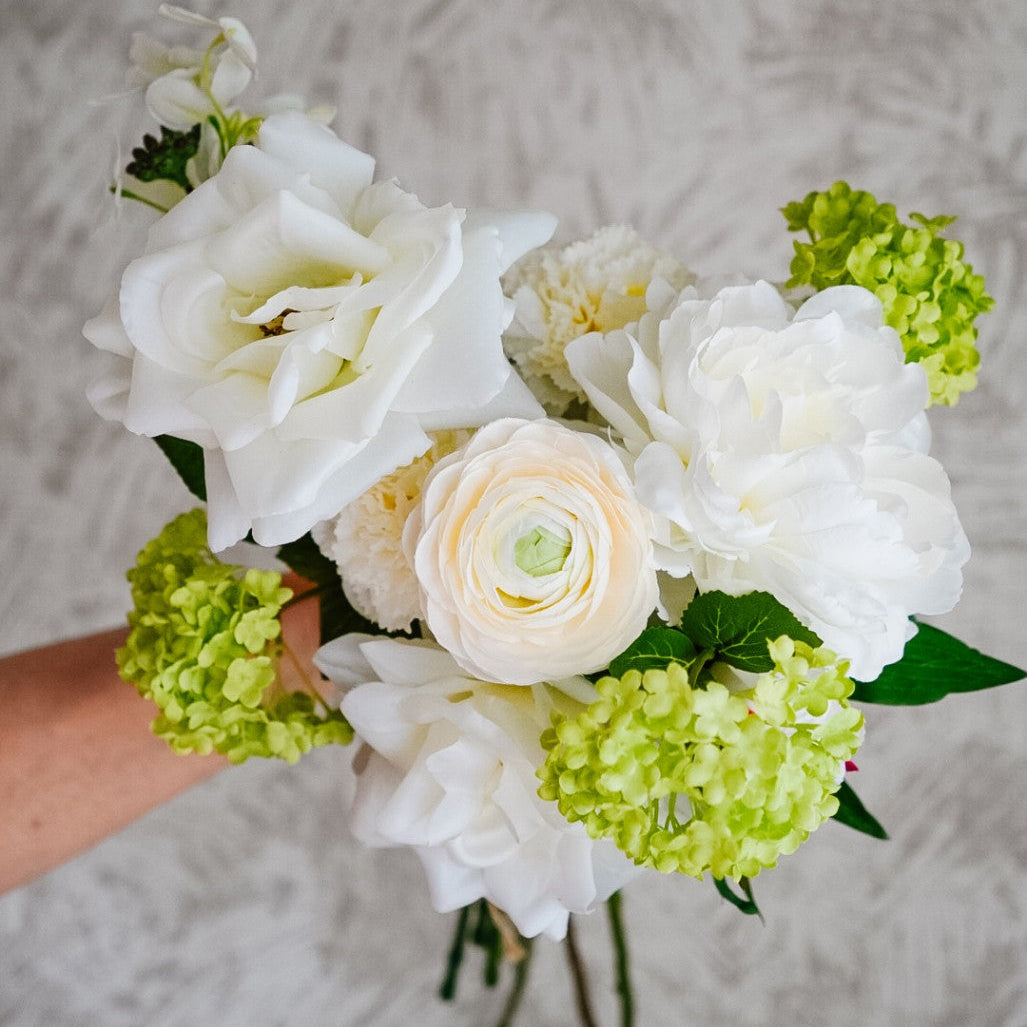 Real Touch roses and ranunculus in the Alba silk bouquet