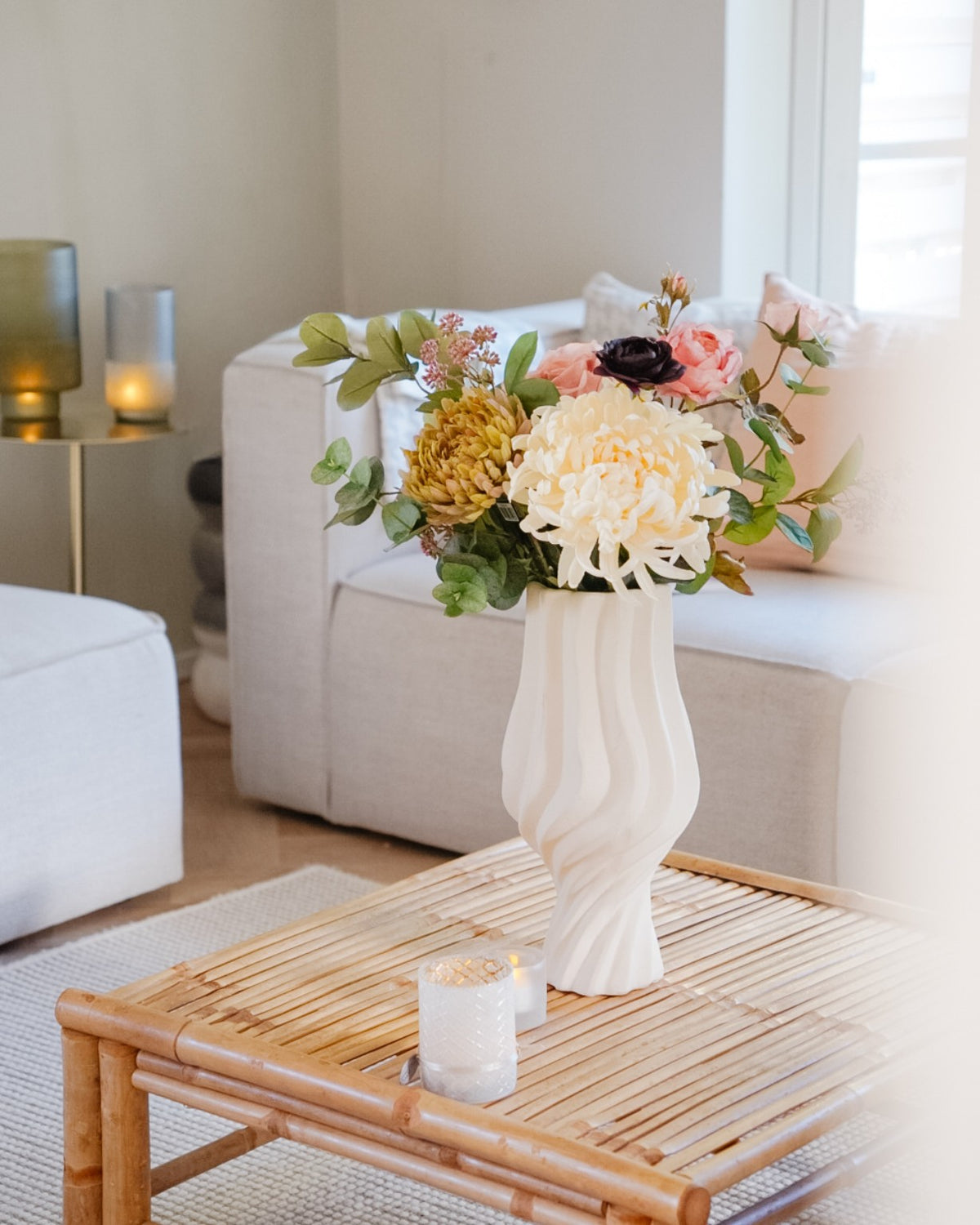 Amara silk flower bouquet in a light living room interior