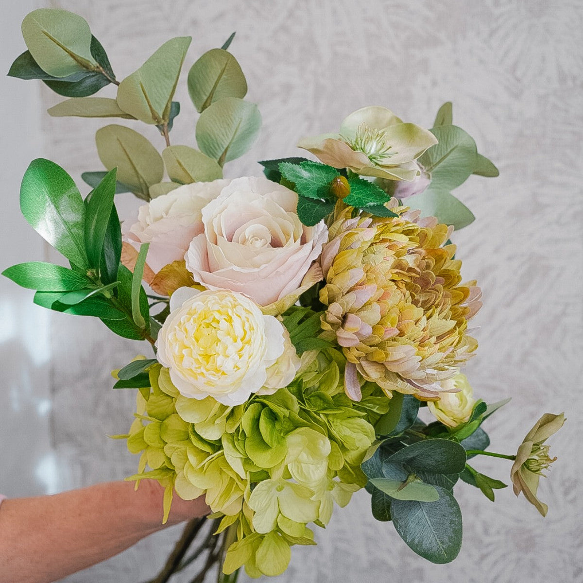 Camille silk flower bouquet in pink, cream and green tones