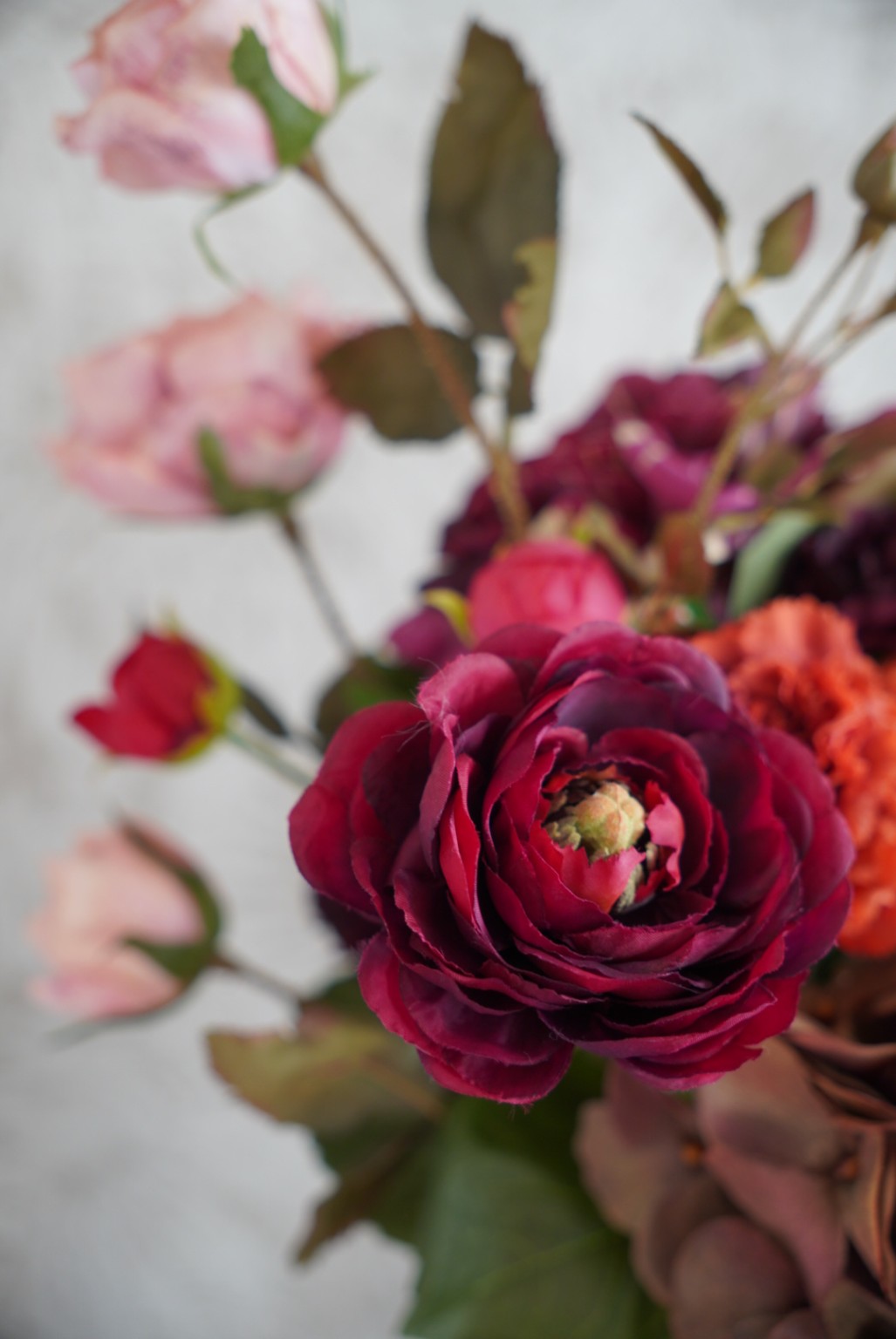 Burgundy ranunculus in the Sienna silk bouquet