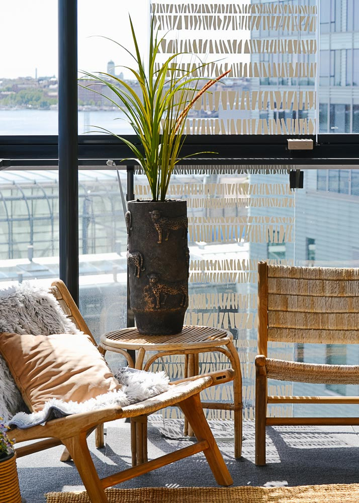Everlasting plant in a dark planter in a glazed balcony seating area, with rattan chairs and a sea view