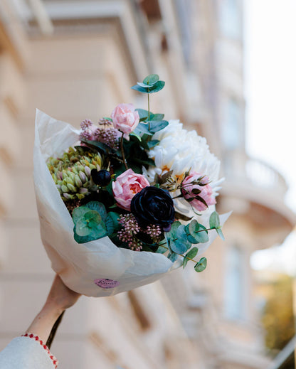 Amara silk flower bouquet with cream and green chrysanthemums, roses and eucalyptus