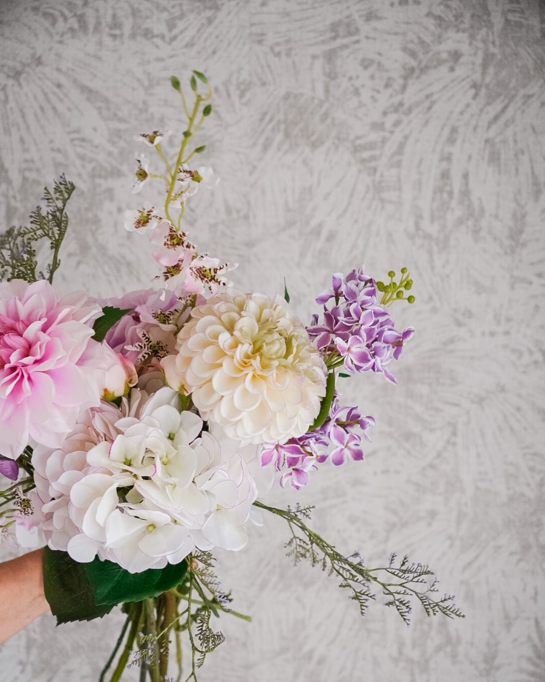 Lilac and pink dahlias and hydrangeas in the Lilac bouquet