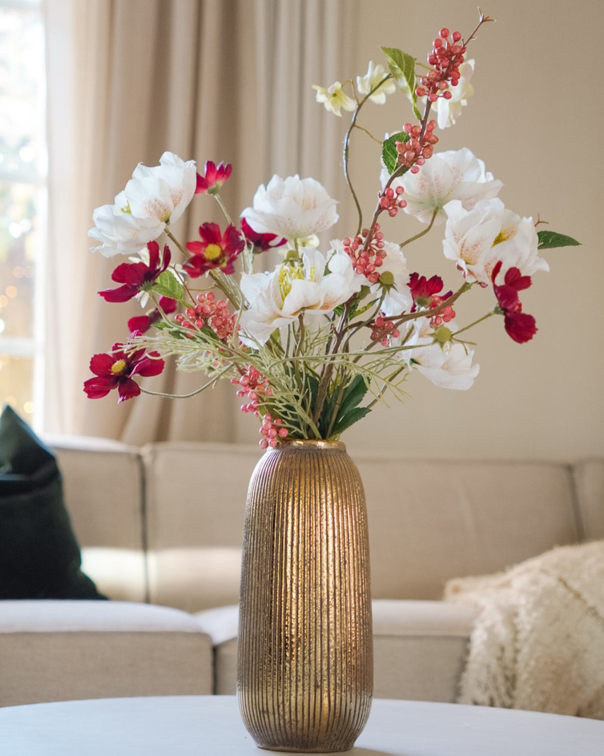 Saga silk flower bouquet in a gold vase, with white and burgundy flowers