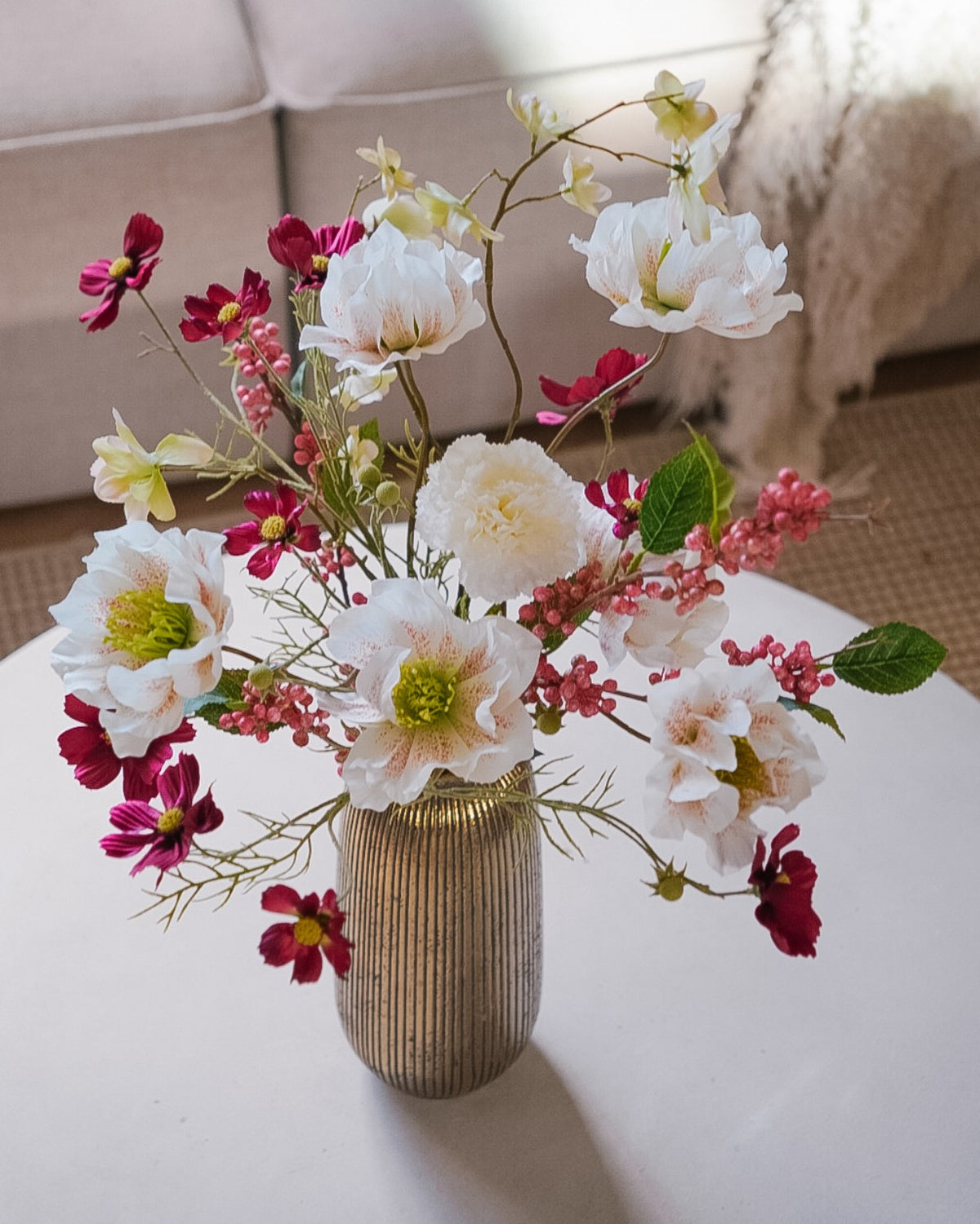 Close-up of the Saga silk bouquet and white hellebores