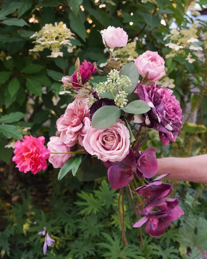Sienna silk flower bouquet in natural light, in rose, burgundy and bronze tones