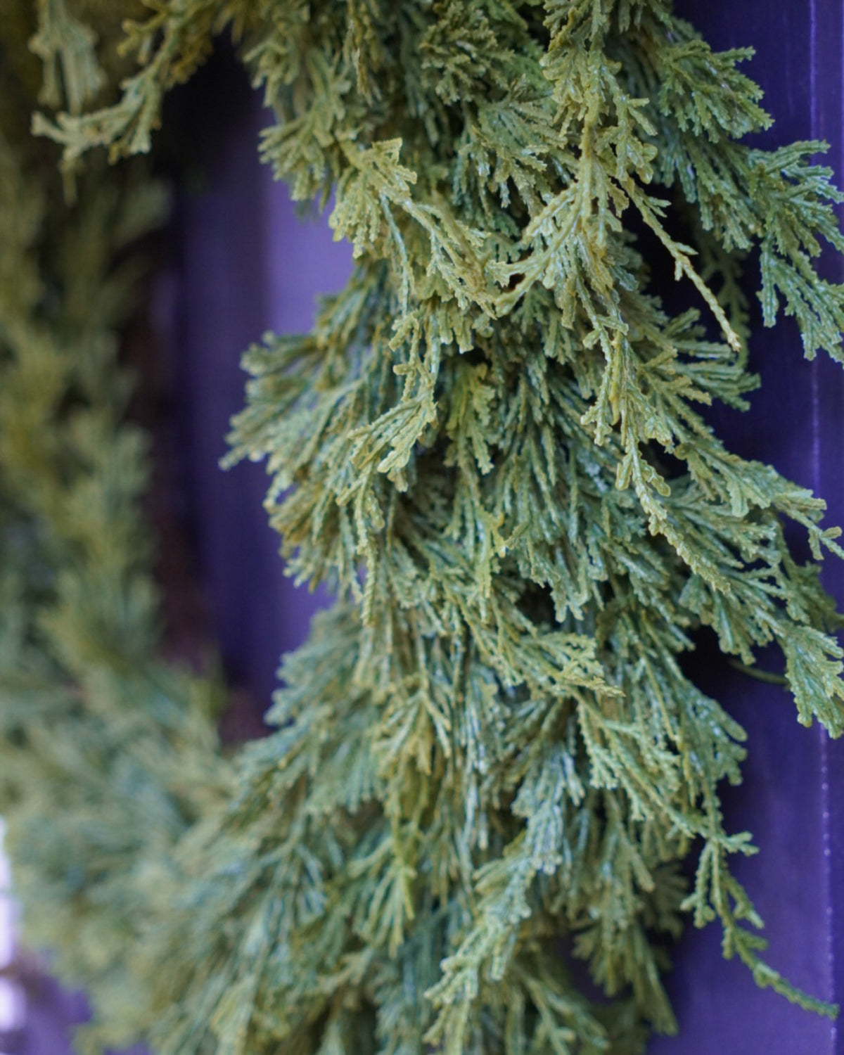 Close-up of green fir branches in the large silk evergreen wreath